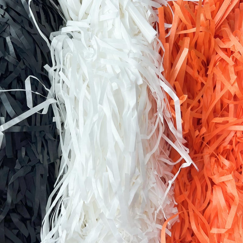 JINZOFLY Raffia Paper Shreds, 300g Shredded Paper for Gift Box, Crinkle Cut Paper Shred Filler for Gift Wrapping & Basket Filling(Orange, white, black) - Image 2